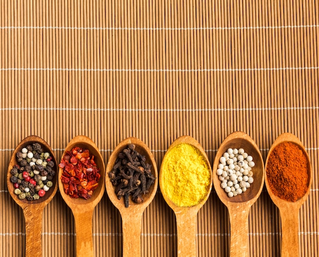 Free photo spices powder on spoon with copy-space