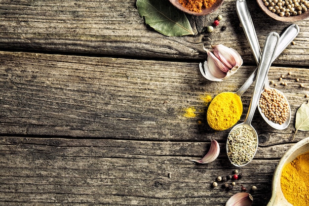 Spices in spoons on wooden background