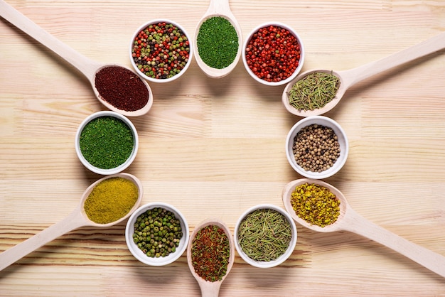 Spices in spoons on wooden table