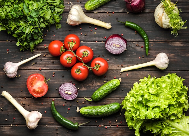 Spices and vegetables for salad flat lay