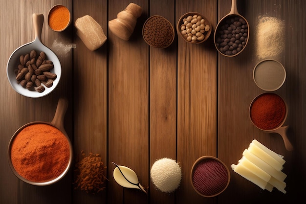 Spices on a wooden table with a wooden background