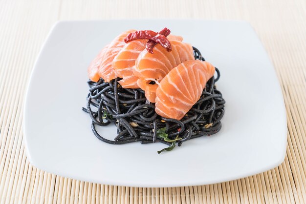 spicy black spaghetti with salmon