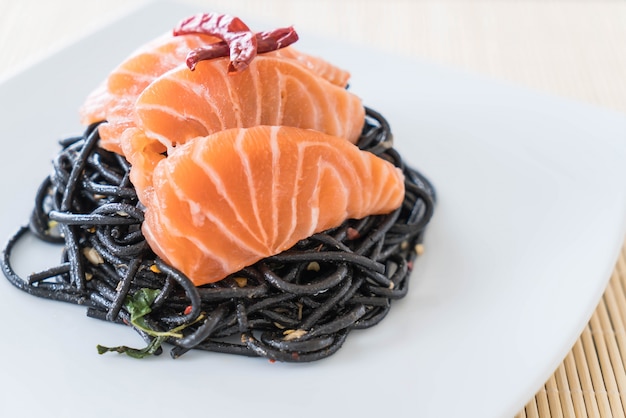 spicy black spaghetti with salmon