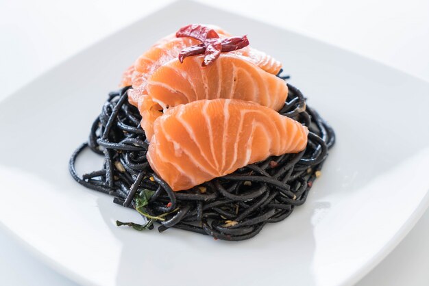 spicy black spaghetti with salmon