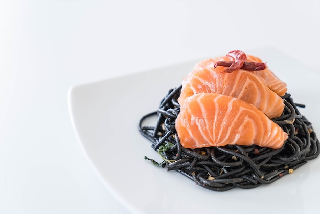 spicy black spaghetti with salmon