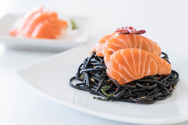 spicy black spaghetti with salmon