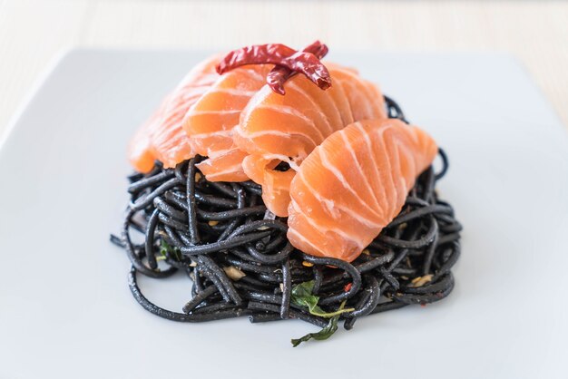 spicy black spaghetti with salmon