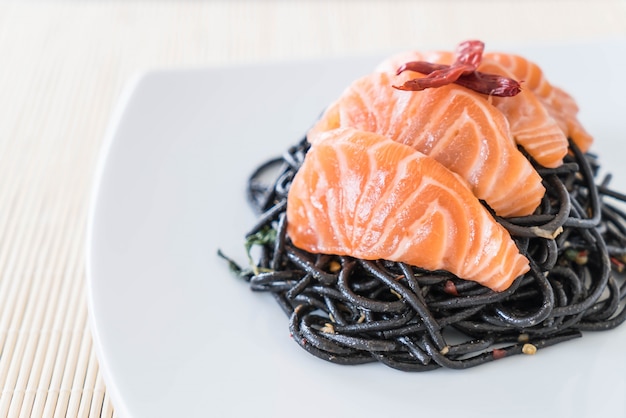 spicy black spaghetti with salmon