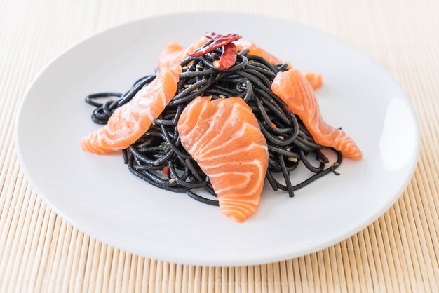 spicy black spaghetti with salmon