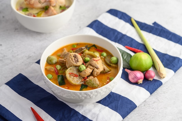 Spicy chicken stir-fried with thai eggplant.