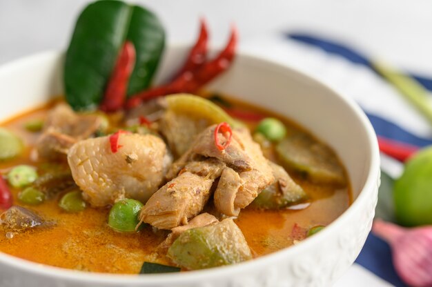 Spicy chicken stir-fried with thai eggplant.
