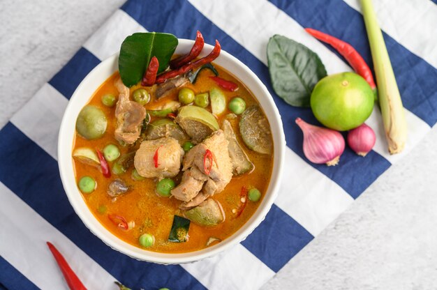 Spicy chicken stir-fried with thai eggplant.