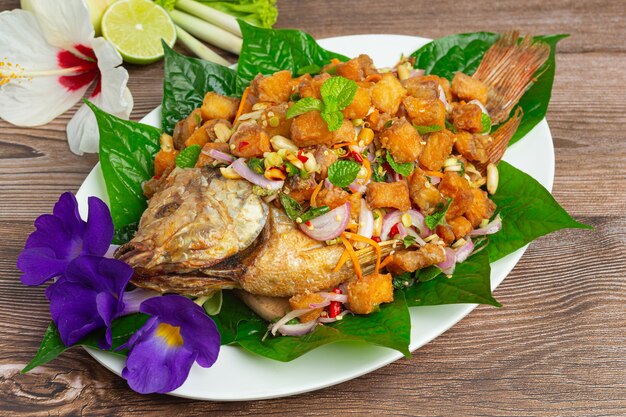 Spicy Fried Tubtim Fish Salad, Spicy, Thai Food.