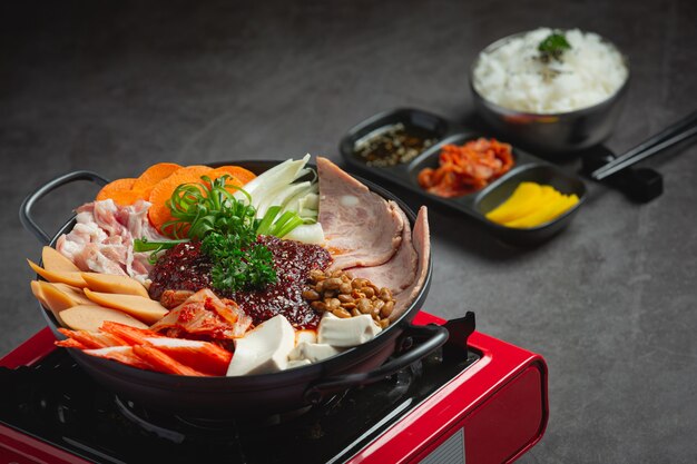 Spicy meat and pork boil in hot pot