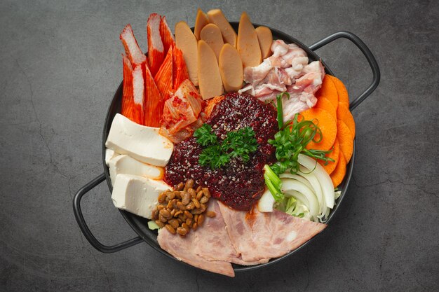 Spicy meat and pork boil in hot pot