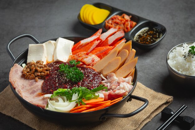 Spicy meat and pork boil in hot pot