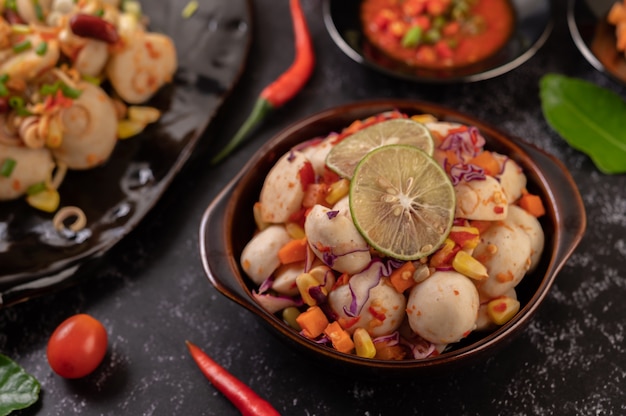 Spicy Meatball Salad with Chili, Lemon, Garlic and Tomato.