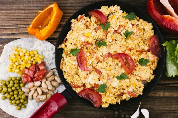 Spicy mexican scrambled eggs top view