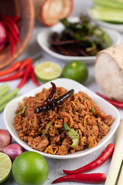 Spicy minced pork in a white plate.