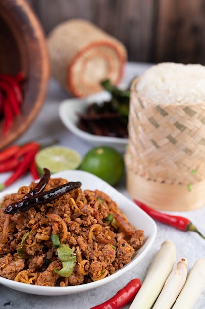 Spicy minced pork in a white plate.