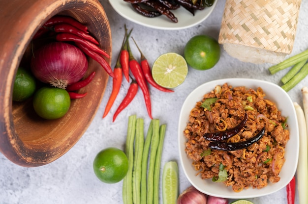 Spicy minced pork in a white plate.