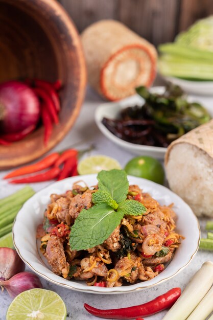 Spicy minced pork in a white plate.