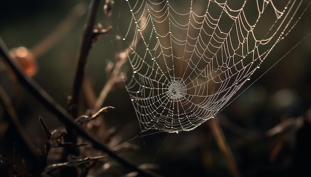 Spider spins dewy web trapping autumn insect generated by AI