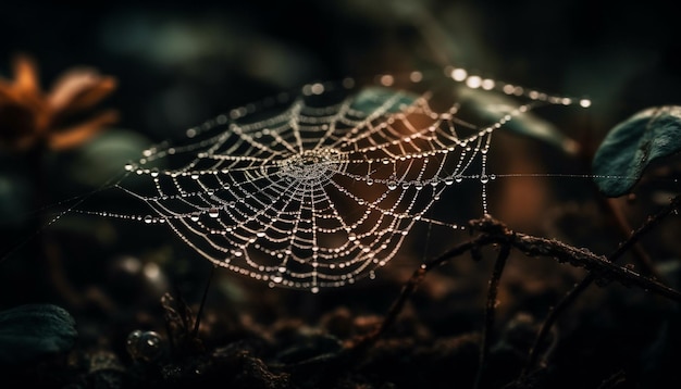 Free photo spider web glistens with dew in autumn generated by ai