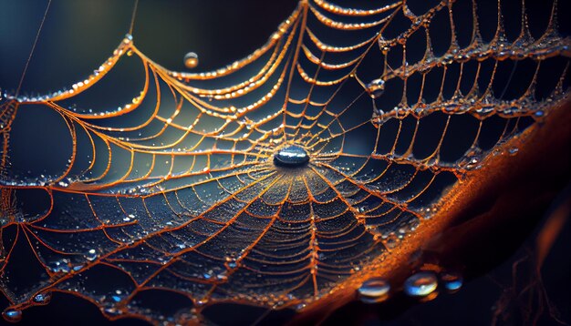 Spider web glistens with dew drops in nature generated by AI