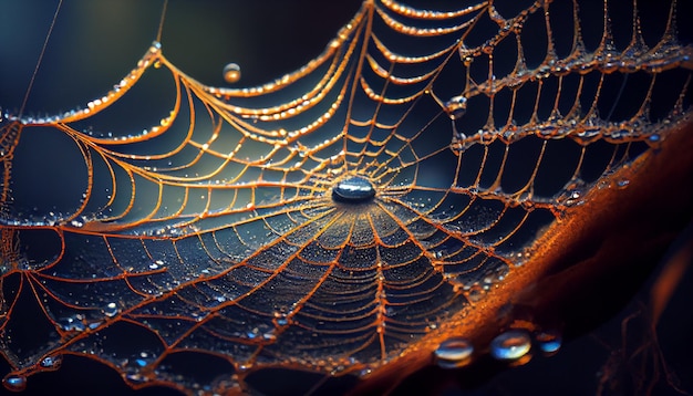 Spider web glistens with dew drops in nature generated by AI