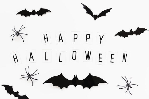 Spiders bats and text happy halloween black and white halloween background flatlay holiday concept