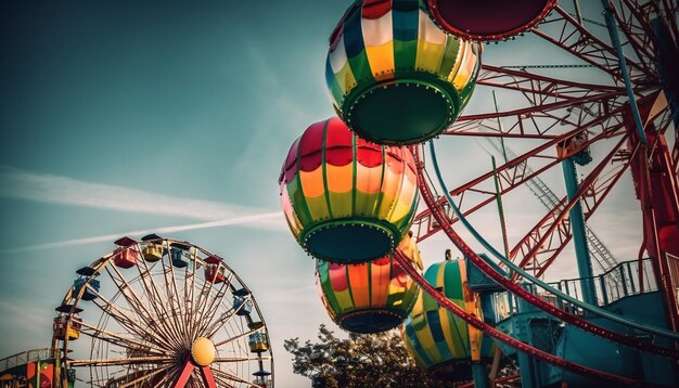 Spinning carnival wheel illuminates vibrant night colors generated by AI