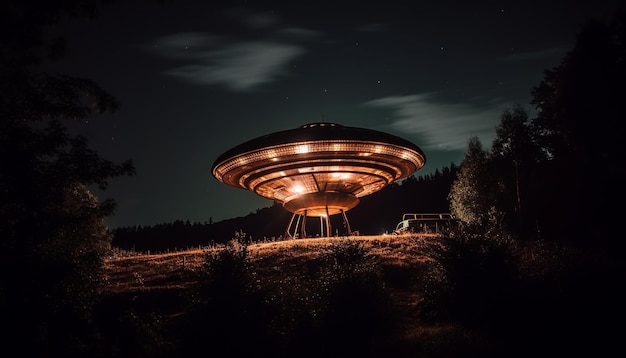 Spinning circle of light illuminates dark night outdoors generated by artificial intelligence