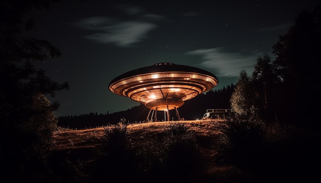 Бесплатное фото Вращающийся круг света освещает темную ночь на открытом воздухе, созданный искусственным интеллектом