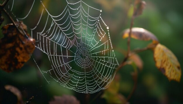 Spinning web traps dew drop on leaf generated by AI