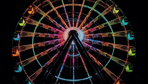 Free photo spinning wheel of joy carnival vibrant lights generated by ai