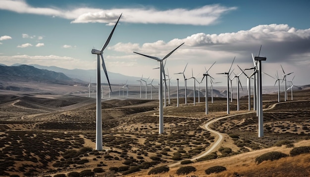 Free photo spinning wind turbines in rows produce renewable energy generated by ai