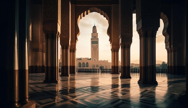 Spiritual minaret illuminates ancient Arabian city skyline at dusk generated by AI