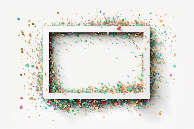 Splashing colorful confetti on frame on white background AI generative