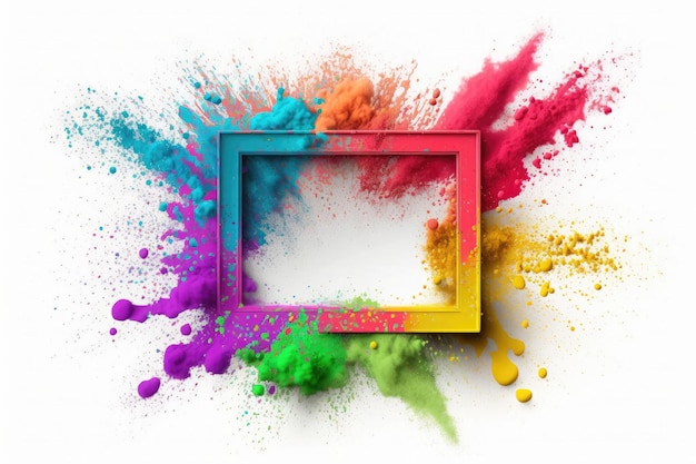 Splashing colorful powder on frame on white background AI generative