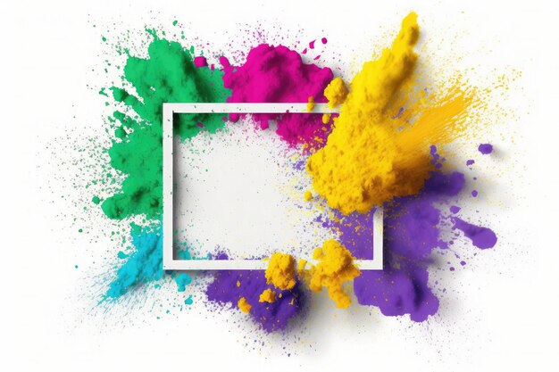 Splashing colorful powder on frame on white background AI generative