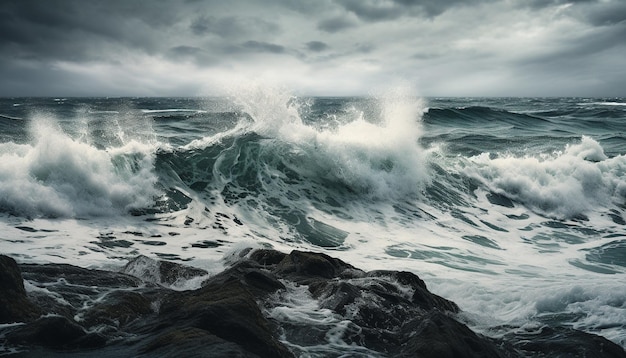 Splashing waves break against rocky coastline and spray generated by AI