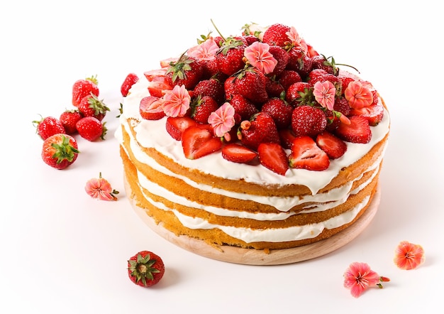 Free photo sponge cake with strawberries on the top