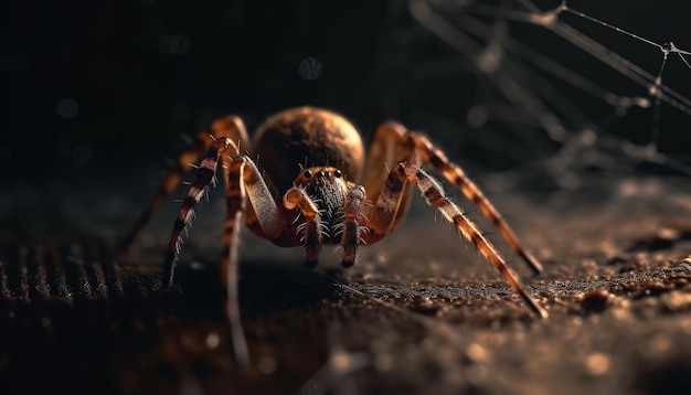 Жуткий паукообразный ползает по маленькой паутине, созданной искусственным интеллектом