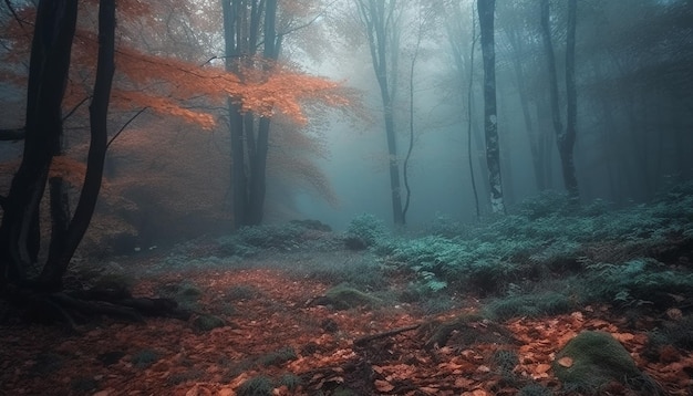 Free photo spooky autumn forest mystery in the fog generated by ai