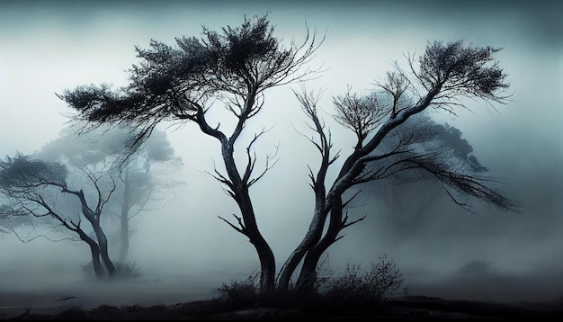 Foto gratuita la nebbia spettrale copre i misteri spettrali del terreno forestale ia generativa