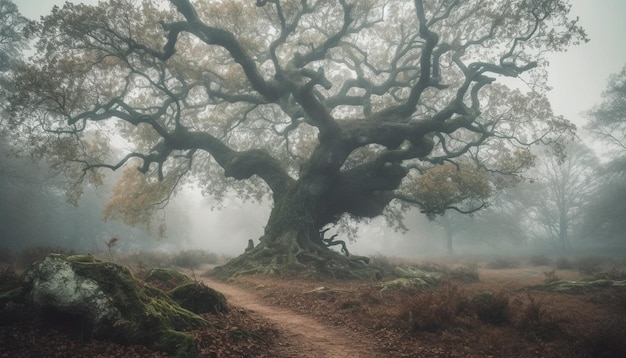 Spooky fog shrouds mystery in autumn forest generated by AI