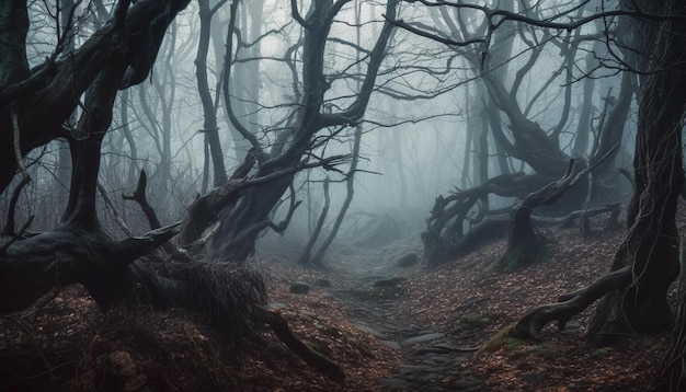 Жуткий лес, темный и таинственный, полный ужасов, созданный ИИ