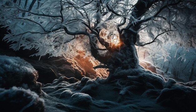 AI가 생성한 겨울의 어둠 속 으스스한 숲