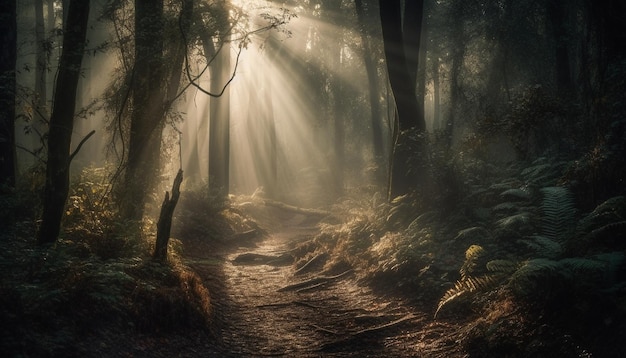 Mistero spettrale del sentiero nella foresta nella bellezza della natura generato dall'ia